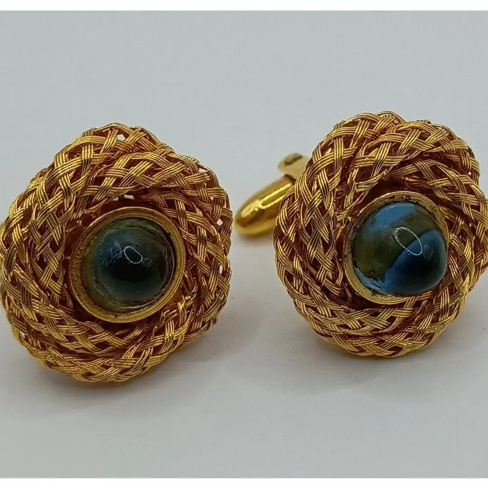 Mid Century Cufflinks with Aqua Blue Cabochons